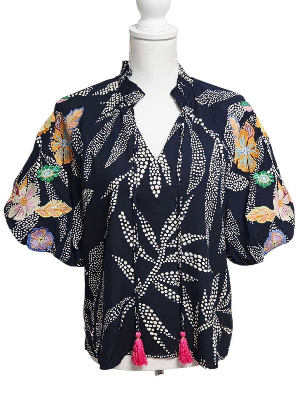 THML Navy Embroidered Puff Sleeve Tassel Tie Top Medium - Picture 2 of 9